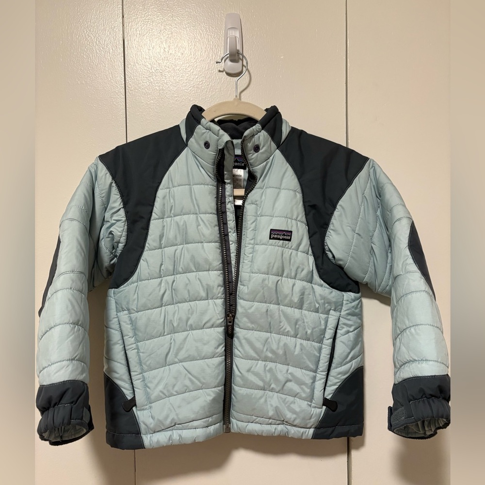 Patagonia kids puff rider jacket size 8, light blue with grey patches, GUC
